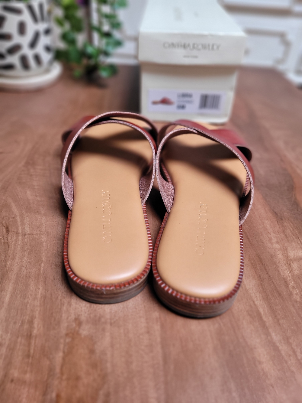 Cynthia Rowley Libra Cognac Leather Slide Sandals - Cognac - Picture 2 of 5